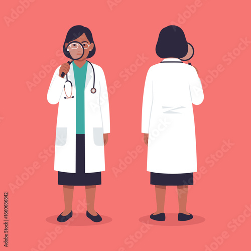 Black female doctor character in a lab coat with a stethoscope and magnifying glass. Front and back view for medical research concept.