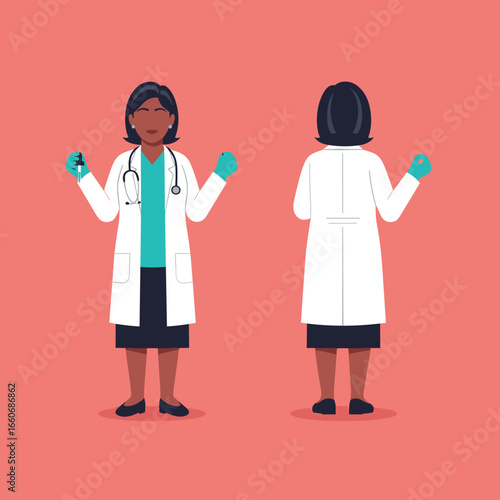 Black female doctor character turnaround. Medical professional in uniform with stethoscope from front and back view.