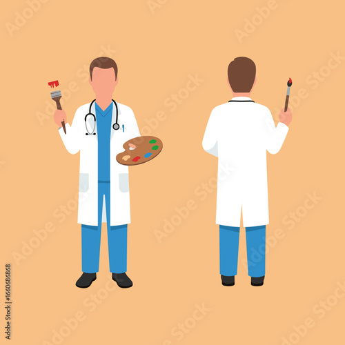 Creative doctor concept. Male medical professional with art supplies. Front and back view character design.