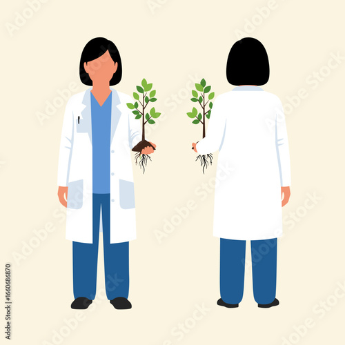 Female scientist in a lab coat holding a plant sapling. Front and back view of a botanist or researcher. Agricultural science vector illustration.