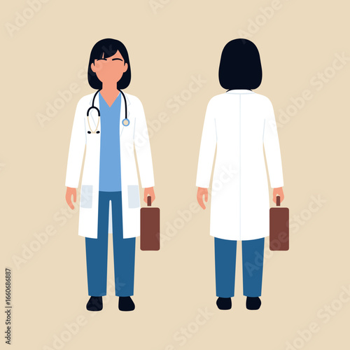 Full length portrait of a female doctor with a medical bag. Front and back view of a healthcare worker character.