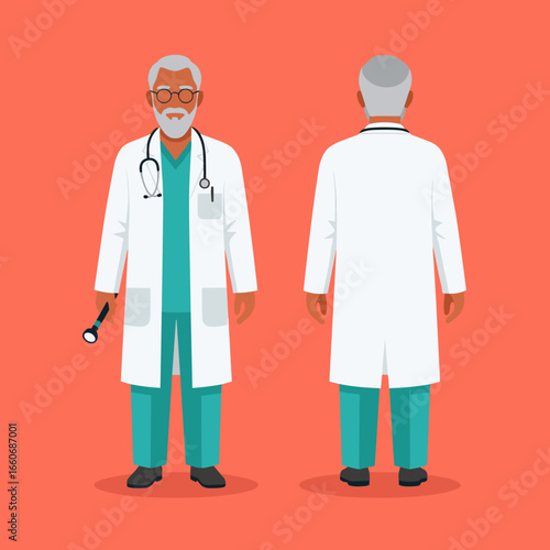 Mature male doctor with gray hair and beard, shown from front and back. Healthcare professional vector character design.