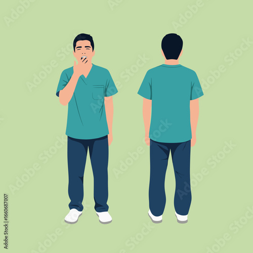 Tired Asian male doctor or healthcare worker in uniform yawning. Full body character illustration from front and back view.
