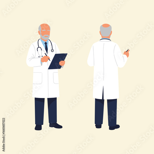 Senior male physician character writing on a clipboard. Medical professional front and back poses. Flat design illustration.