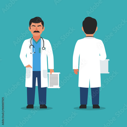 Male doctor character illustration in a white coat with a stethoscope. Front and back view of a medical professional. Vector flat style.