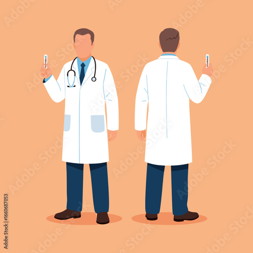 Male doctor in a white lab coat with a stethoscope, holding a thermometer. Front and back view of a medical professional. Healthcare vector illustration.