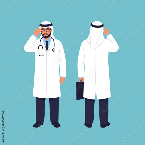 Vector illustration of an Arab man working as a doctor. Full body character shown from the front and back, wearing a lab coat and ghutra.