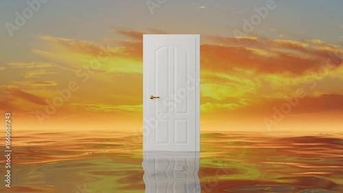 White door over an ocean sunset is opening and reveals a green screen