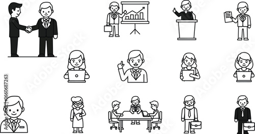 Collection of business people in various activities depicted as line art icons on a white background