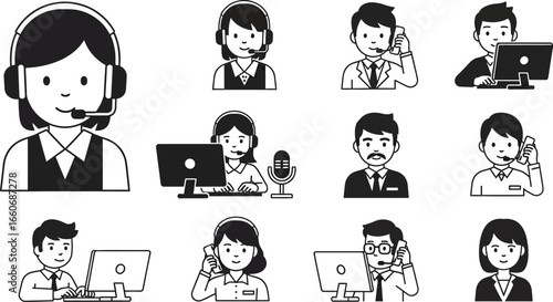 Illustration of customer service representatives with headsets and computers in black and white style