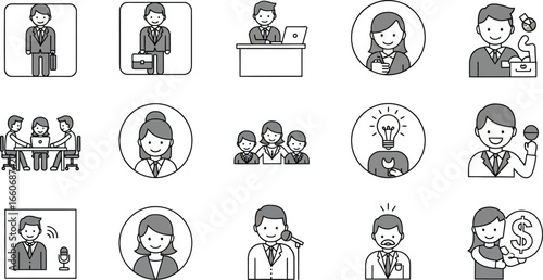Collection of business people icons showing diverse professions and work scenarios in simple line art