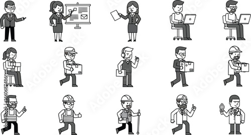 A collection of fifteen grayscale cartoon characters depicting various professions and activities
