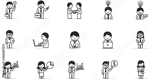 Various business people in black and white line art doing different tasks and activities in the workplace