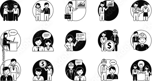 Collection of business icons showing teamwork, meetings, and professional interactions in black and white