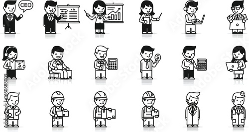 Collection of cartoon business people and professionals in black and white outline style design set