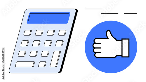 Calculator next to a thumbs-up icon. Ideal for finance, accounting, budgeting, analysis, approval, productivity simple landing page. Line metaphor. Simple line icons