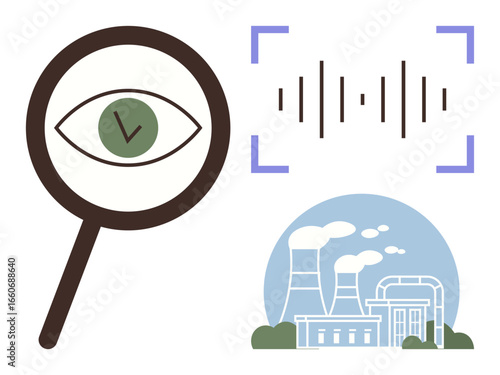Magnifying glass with an eye, audio waveform in a digital frame, and an industrial factory. Ideal for technology, surveillance, monitoring, safety, industrial processes, environmental analysis data