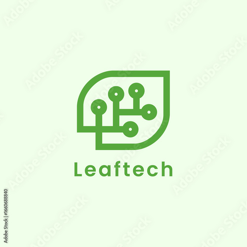 Modern logo combining a leaf and circuit board, representating green technology, eco innovation, digital nature, and sustainable tech solutions.