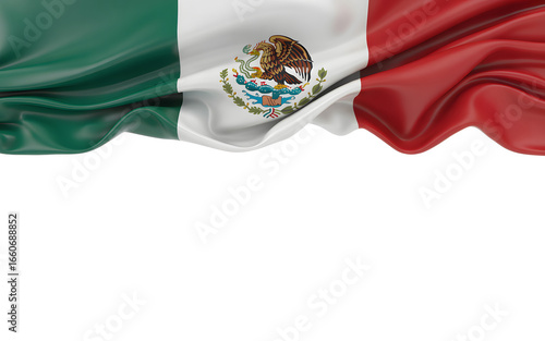 Majestic Mexican flag gracefully waving, symbolizing national pride and vibrant culture.