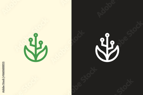 Minimalist eco tech logo with a leaf and circuit lines.