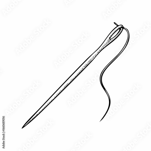 Tailor needle with thread. Hand drawn doodle sketch style sewing needle element. Craft, embroidery tool for textile, sewing shop design.