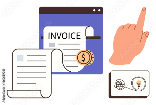 Invoice document, gold coin, hand pointing upward, light bulb connected by a tangled cable. Ideal for business, finance, payment, creativity problem-solving workflow innovation. Simple flat