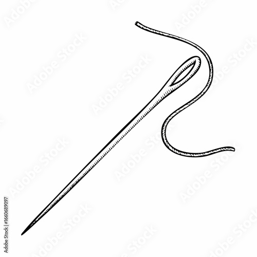 Tailor needle with thread. Hand drawn doodle sketch style sewing needle element. Craft, embroidery tool for textile, sewing shop design.