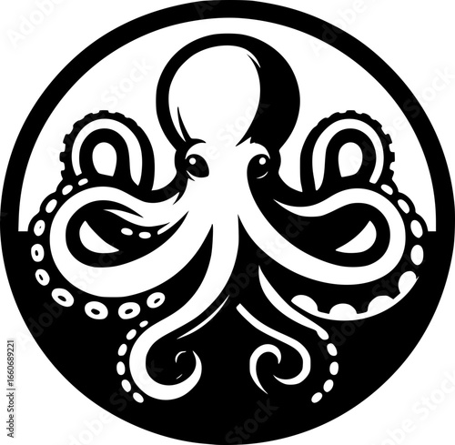 Minimalist black and white vector icon of an octopus. Clean, modern, geometric style perfect for logos, stickers, or digital use.