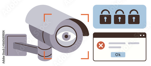 Surveillance camera monitoring, three locked padlocks symbolizing security, warning notification in pop-up. Ideal for cybersecurity, digital privacy, safety, monitoring, vigilance, antivirus simple