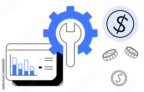 Data analytics panel, settings gear with wrench, and currency visuals. Ideal for finance, budgeting, data management, investment, optimization business and economic planning. Simple flat metaphor