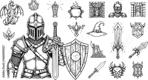 Set of sketched silhouettes: game fantasy, magic dungeon, medieval warrior avatar, fairytale sign. Knight battle sword, armour helmet, power weapon, witch hat, potion cauldron. Fantasy kit