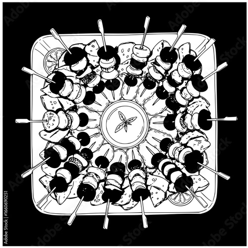 antipasto skewers platter - Grilled skewers arranged on a platter with sauce in the center  