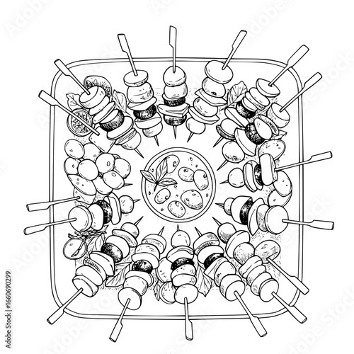 Grilled antipasto skewers platter with vegetables and meat arranged on platter  