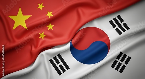 Waving flags of China and South Korea. 