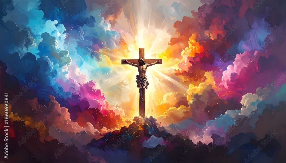 Fototapeta premium Jesus Christ on cross, vibrant clouds