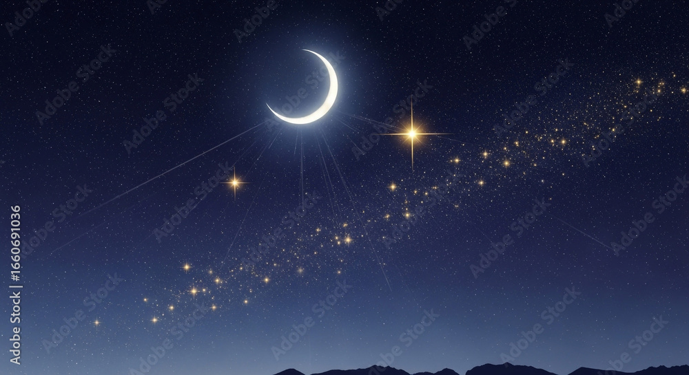 Fototapeta premium A crescent moon and stars shining brightly in the dark blue night sky above hills