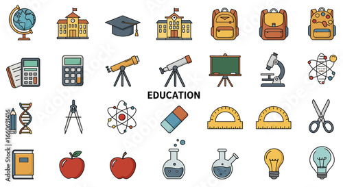 Unique Education Vector Icons Set Flat Outline Silhouette Geometric and Cartoon Styles