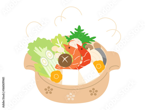 海老と銀だらの入ったお鍋のイラスト