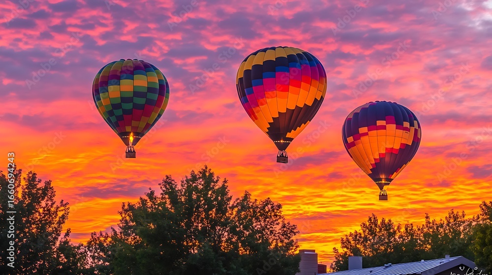 Fototapeta premium Three Hot Air Balloons Soar Across a Vivid Sunset Sky