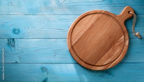round wooden cutting board with handle on light blue wood background overhead view