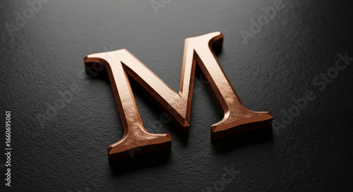 A copper letter m resting on a dark textured surface casting a soft shadow below