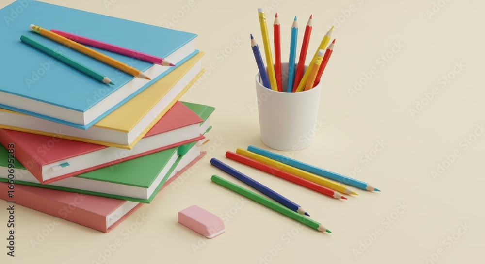 Fototapeta premium Colorful stationery supplies arranged on a pastel background 