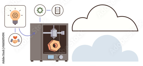3D printer crafting geometric object, surrounded by symbols for ideas, collaboration, process, and cloud integration. Ideal for technology, innovation, manufacturing, teamwork process optimization
