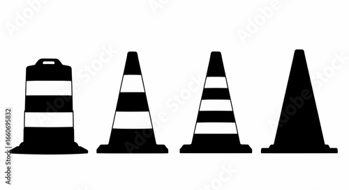 Road safety vector illustration of black and white traffic cone icons