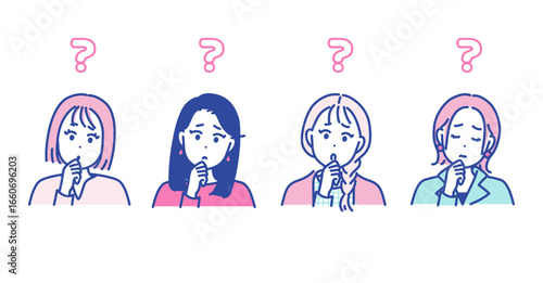 悩むポーズをとる女性のイラスト素材