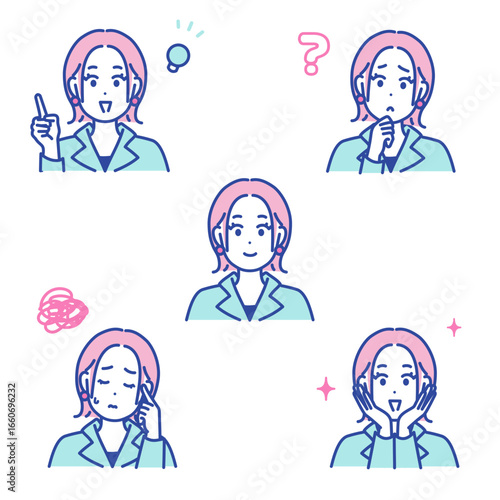 若い女性の表情イラストセット
