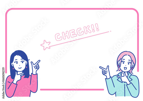 指差しをする若い女性のイラストとフレーム素材