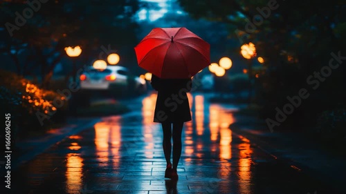 Wallpaper Mural Silhouette Under Red Umbrella in Urban Rain Torontodigital.ca
