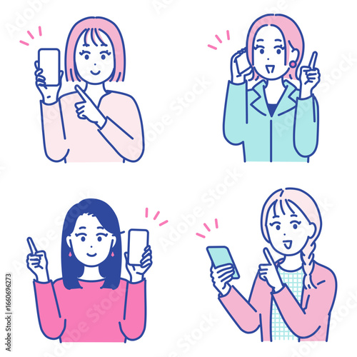 若い女性とスマートフォンのイラスト素材