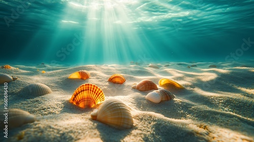 Sunbeams Illuminate Seashells On Sandy Ocean Floor